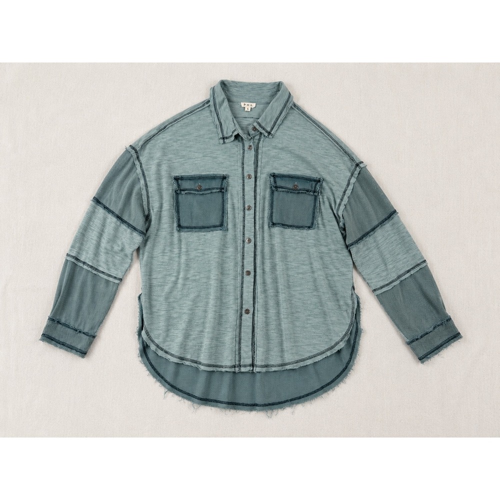 POL Clothing Mixed Media Patchwork Button Down Shirt Teal Blue Small
